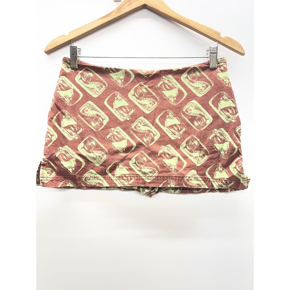 Urban Outfitters Sardine Tin Print Mini Skirt Burgundy Lime Green Sz S skort